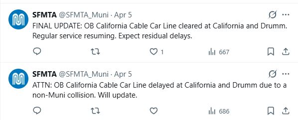 SFMTA California Street cars delayed