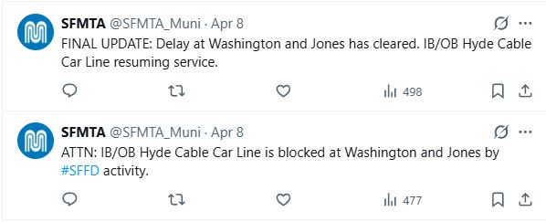 SFMTA Powell-Hyde cars blocked by sffd activity