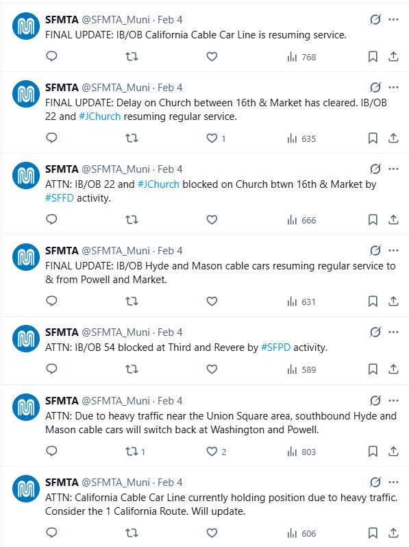 SFMTA cable cars blocked by heavy traffic