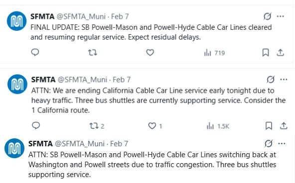 SFMTA cable cars blocked by heavy traffic