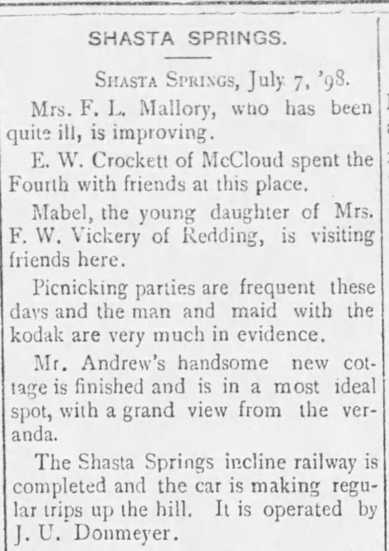 Shasta Springs Incline in businesss